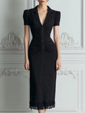 Ruched Button-Front Tailored Collar Fitted Midi Dress