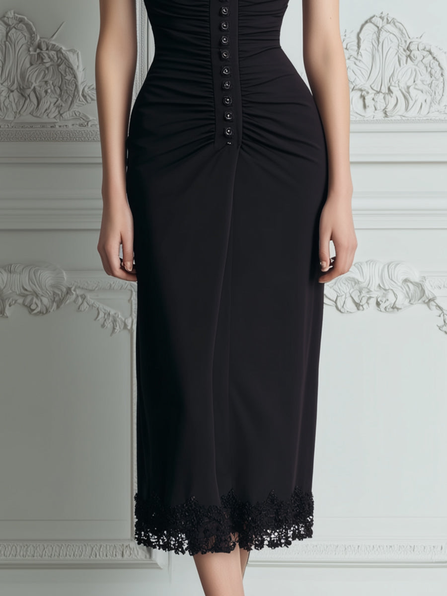 Ruched Button-Front Tailored Collar Fitted Midi Dress