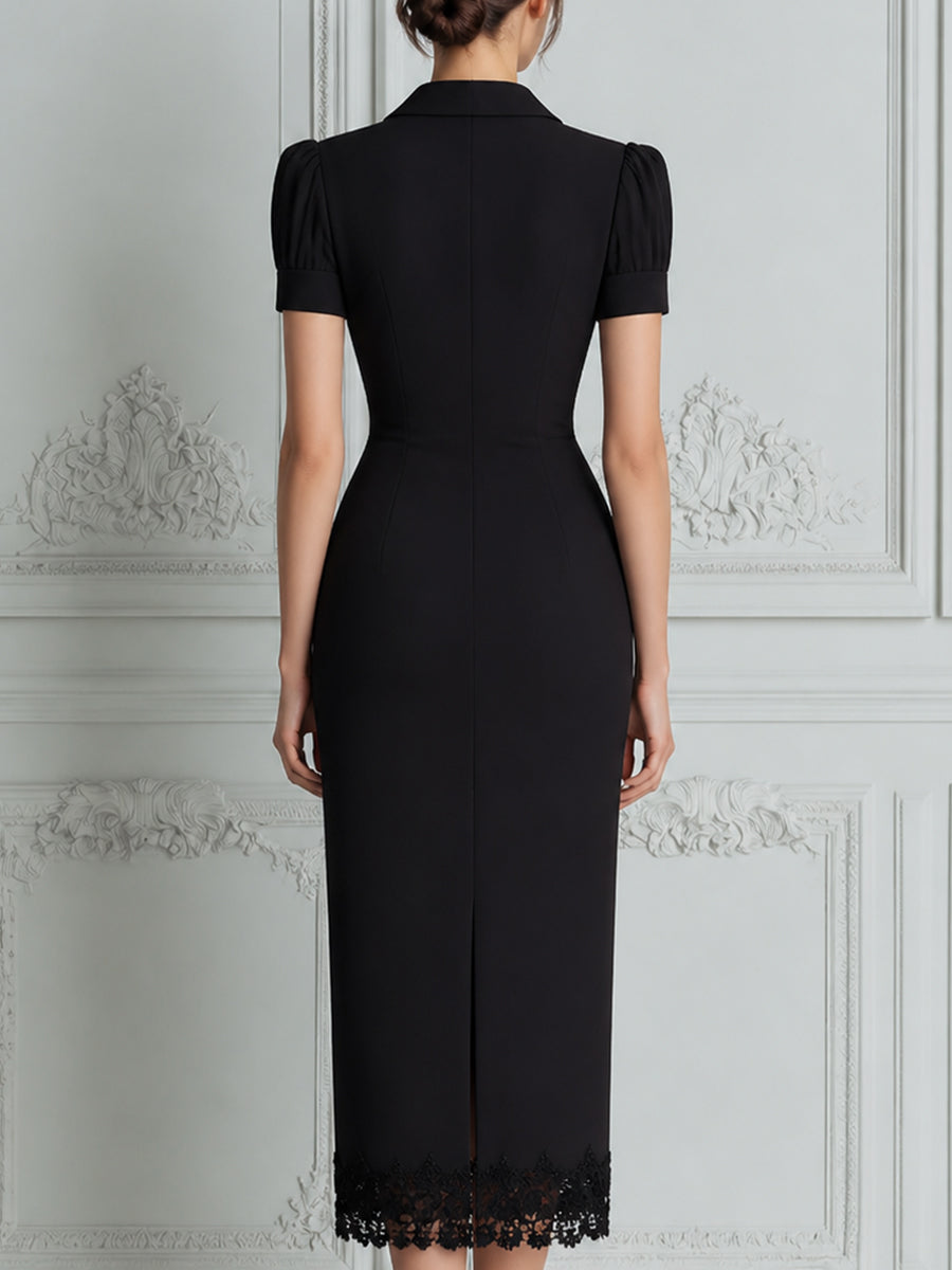Ruched Button-Front Tailored Collar Fitted Midi Dress