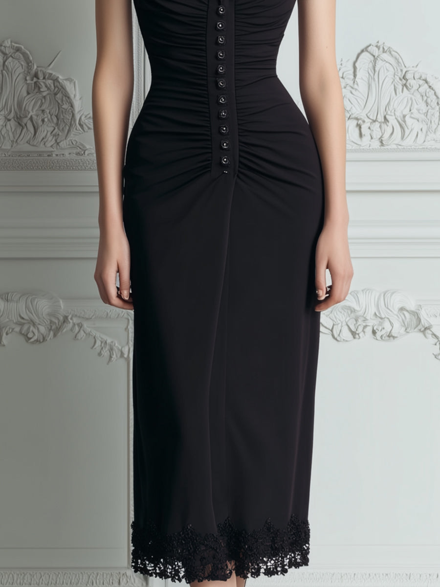 Ruched Button-Front Tailored Collar Fitted Midi Dress