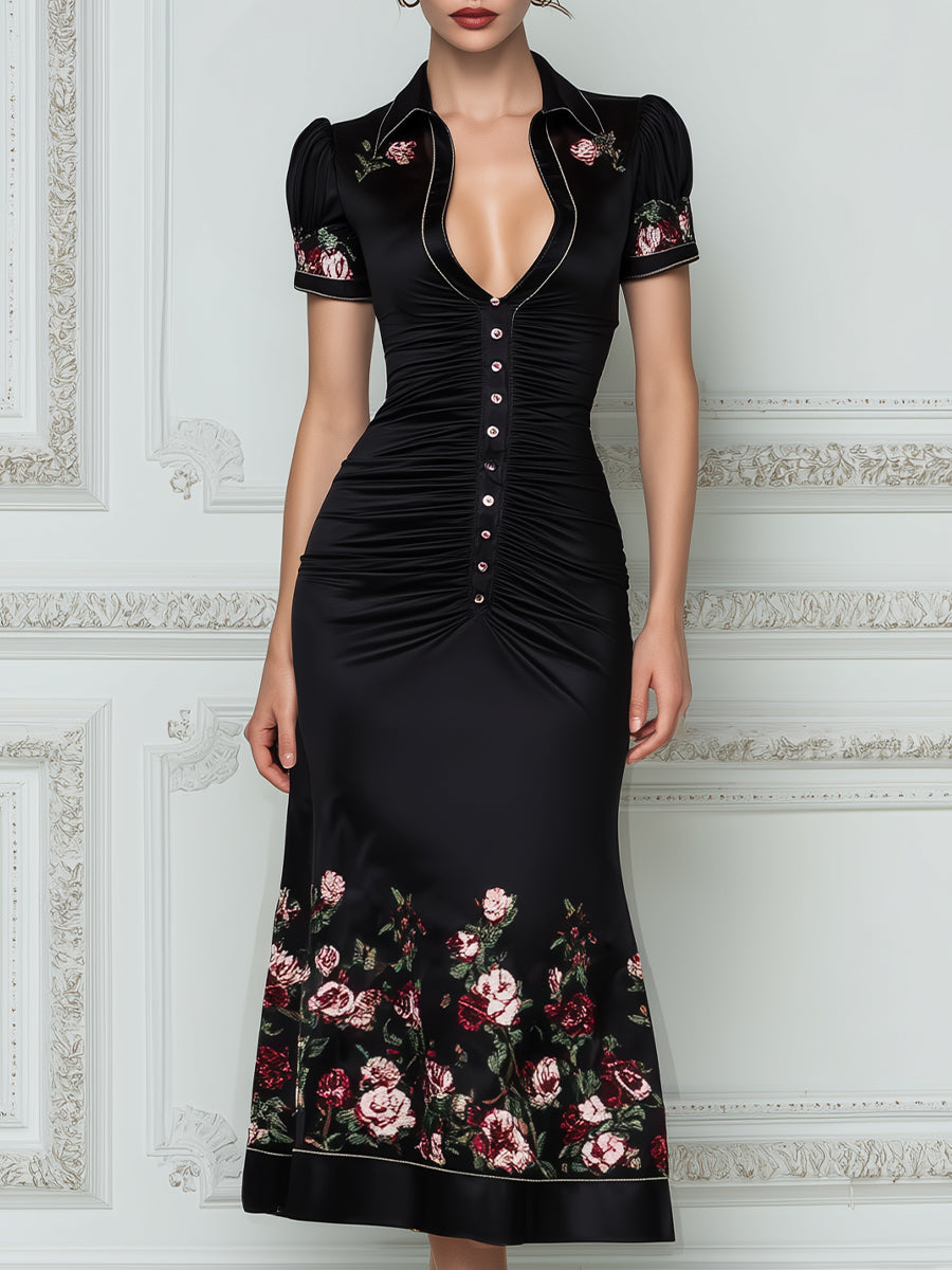 Ruched Button-Front Collared Floral Embroidery Fitted Midi Dress