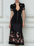 Ruched Button-Front Collared Floral Embroidery Fitted Midi Dress