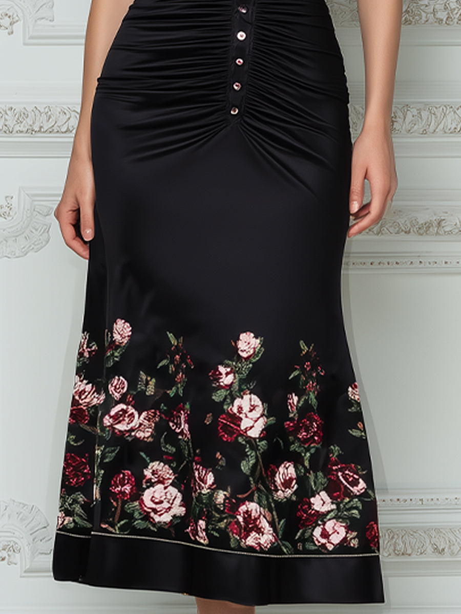 Ruched Button-Front Collared Floral Embroidery Fitted Midi Dress