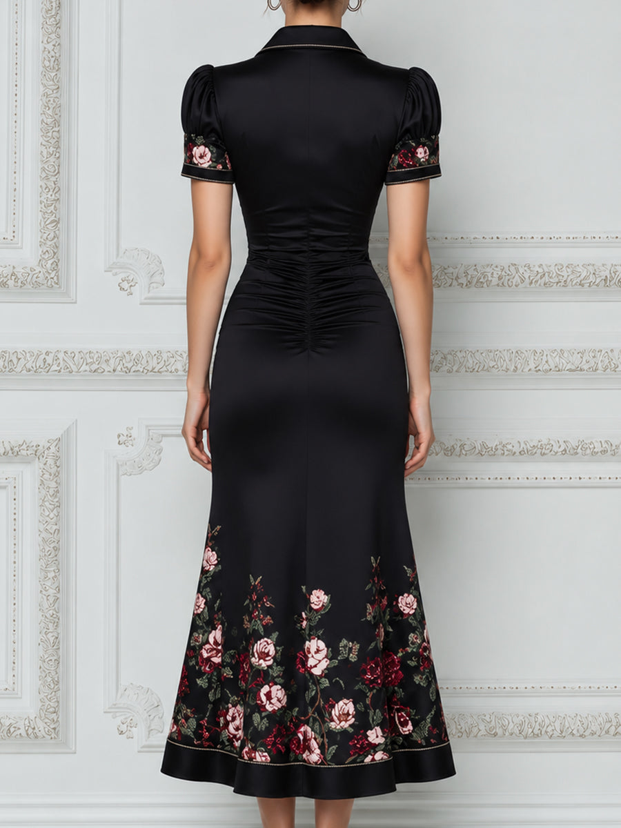 Ruched Button-Front Collared Floral Embroidery Fitted Midi Dress