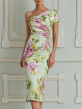 Light Green Floral One-Shoulder Satin Midi Dress