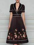 V-Neck Contrast Trim Floral Hem A-Line Midi Dress