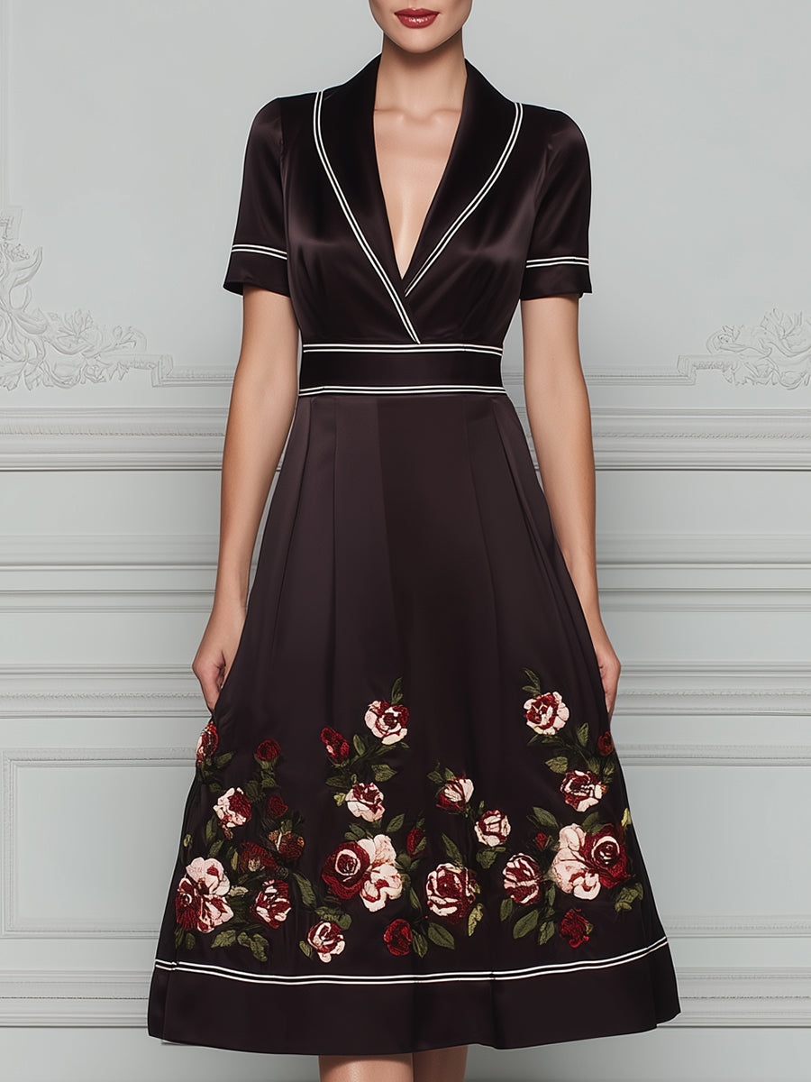 V-Neck Contrast Trim Floral Hem A-Line Midi Dress