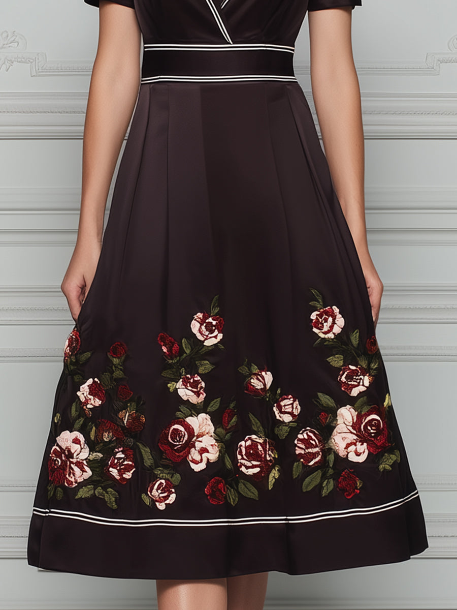 V-Neck Contrast Trim Floral Hem A-Line Midi Dress