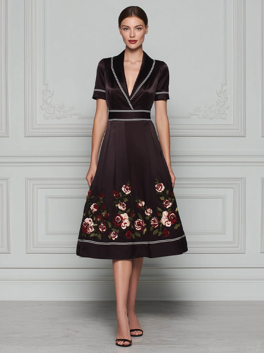 V-Neck Contrast Trim Floral Hem A-Line Midi Dress