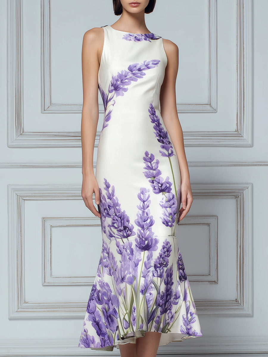 Sleeveless Round Neck Floral Print Fishtail Midi Dress
