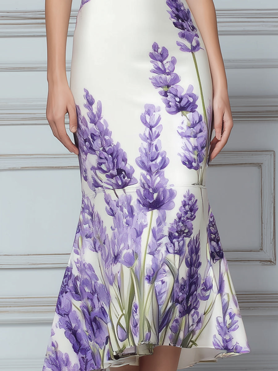 Sleeveless Round Neck Floral Print Fishtail Midi Dress