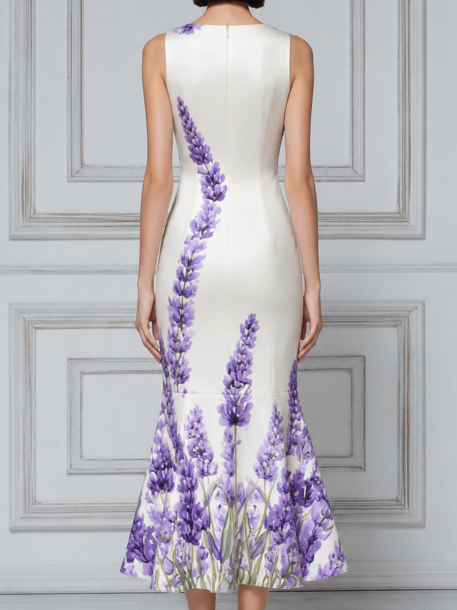 Sleeveless Round Neck Floral Print Fishtail Midi Dress