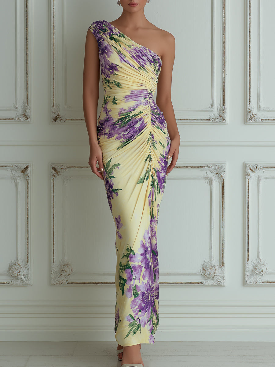 Yellow Purple Floral One-Shoulder Ruched Maxi Dress