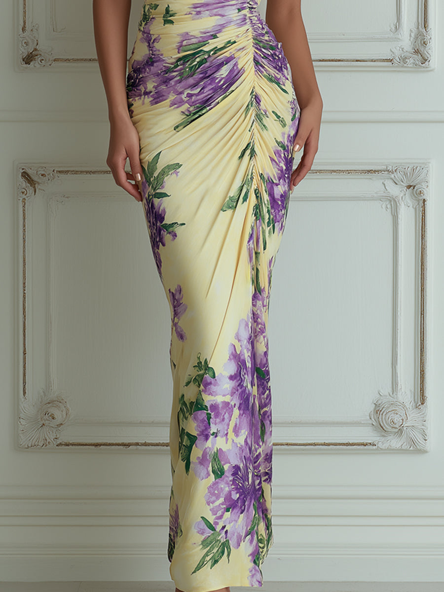 Yellow Purple Floral One-Shoulder Ruched Maxi Dress
