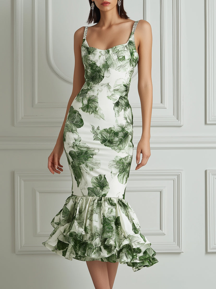 Green Leaf Print Mermaid Midi Dress