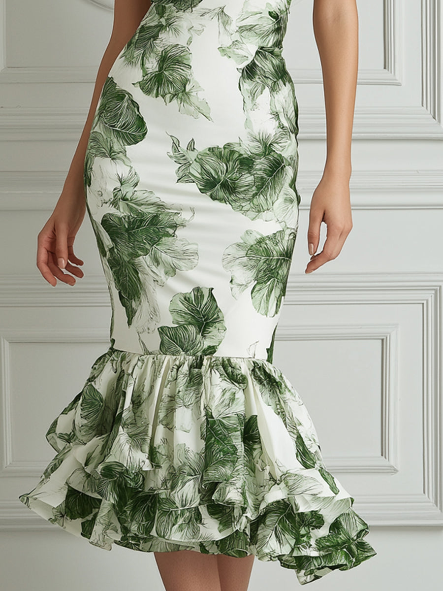 Green Leaf Print Mermaid Midi Dress