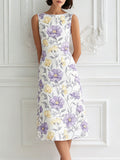 Elegant Lavender & Yellow Floral Print Sleeveless Midi Dress