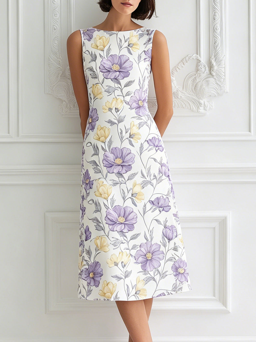 Elegant Lavender & Yellow Floral Print Sleeveless Midi Dress