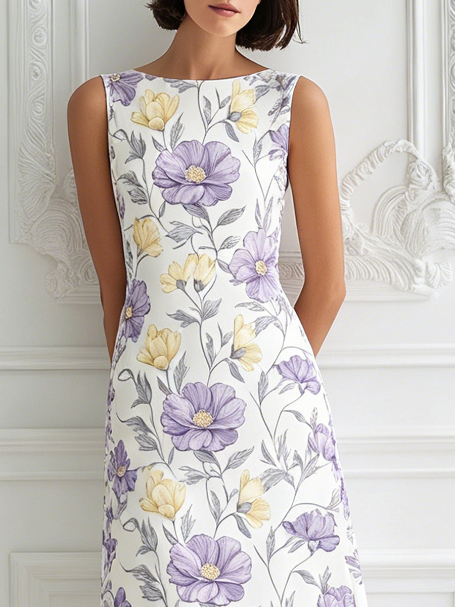 Elegant Lavender & Yellow Floral Print Sleeveless Midi Dress