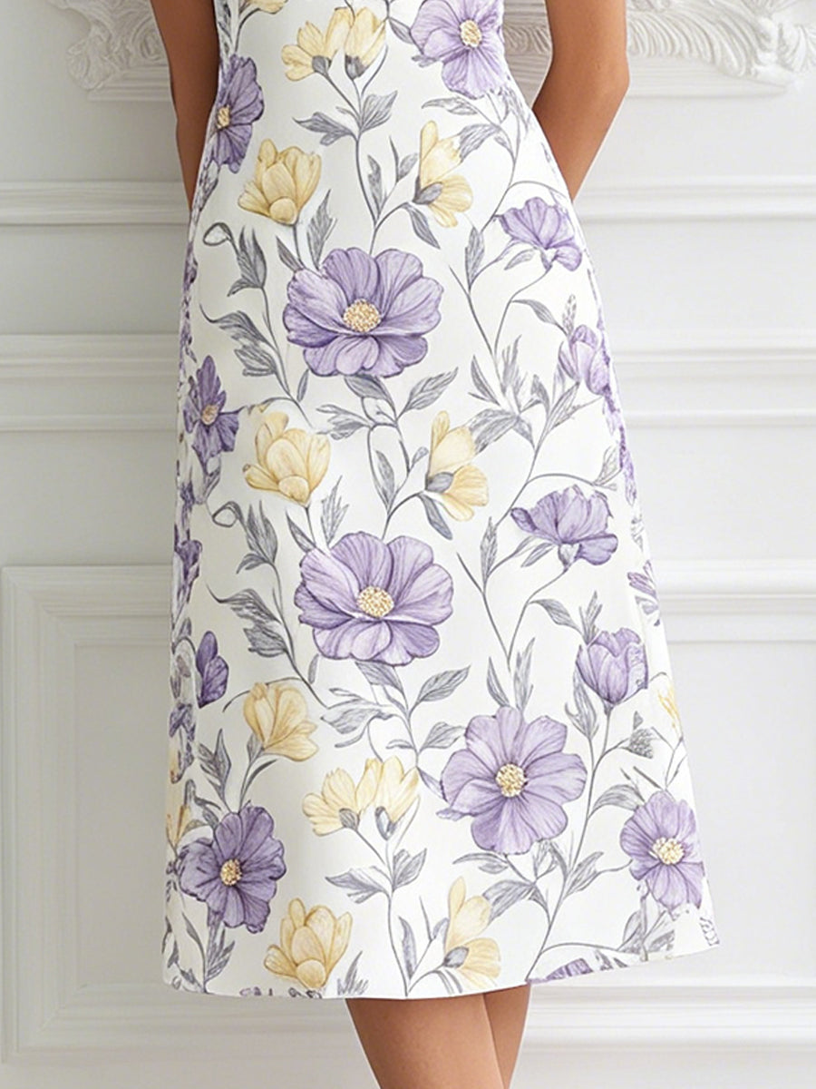 Elegant Lavender & Yellow Floral Print Sleeveless Midi Dress