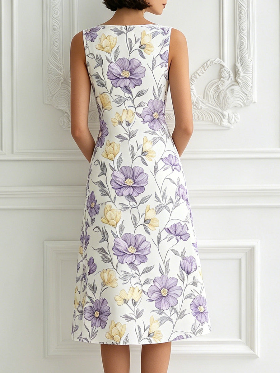 Elegant Lavender & Yellow Floral Print Sleeveless Midi Dress