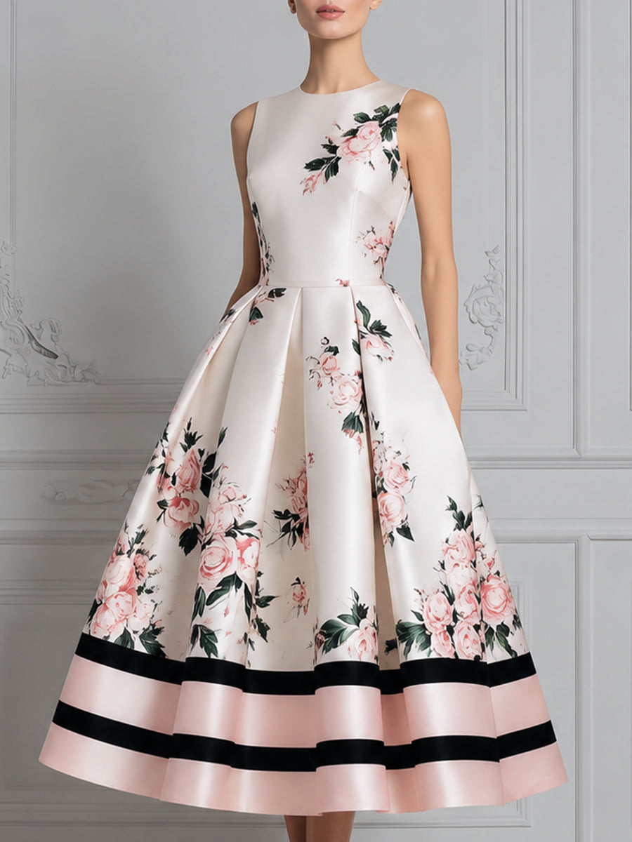 Sleeveless Round Neck Floral Print Pleated A-Line Midi Dress