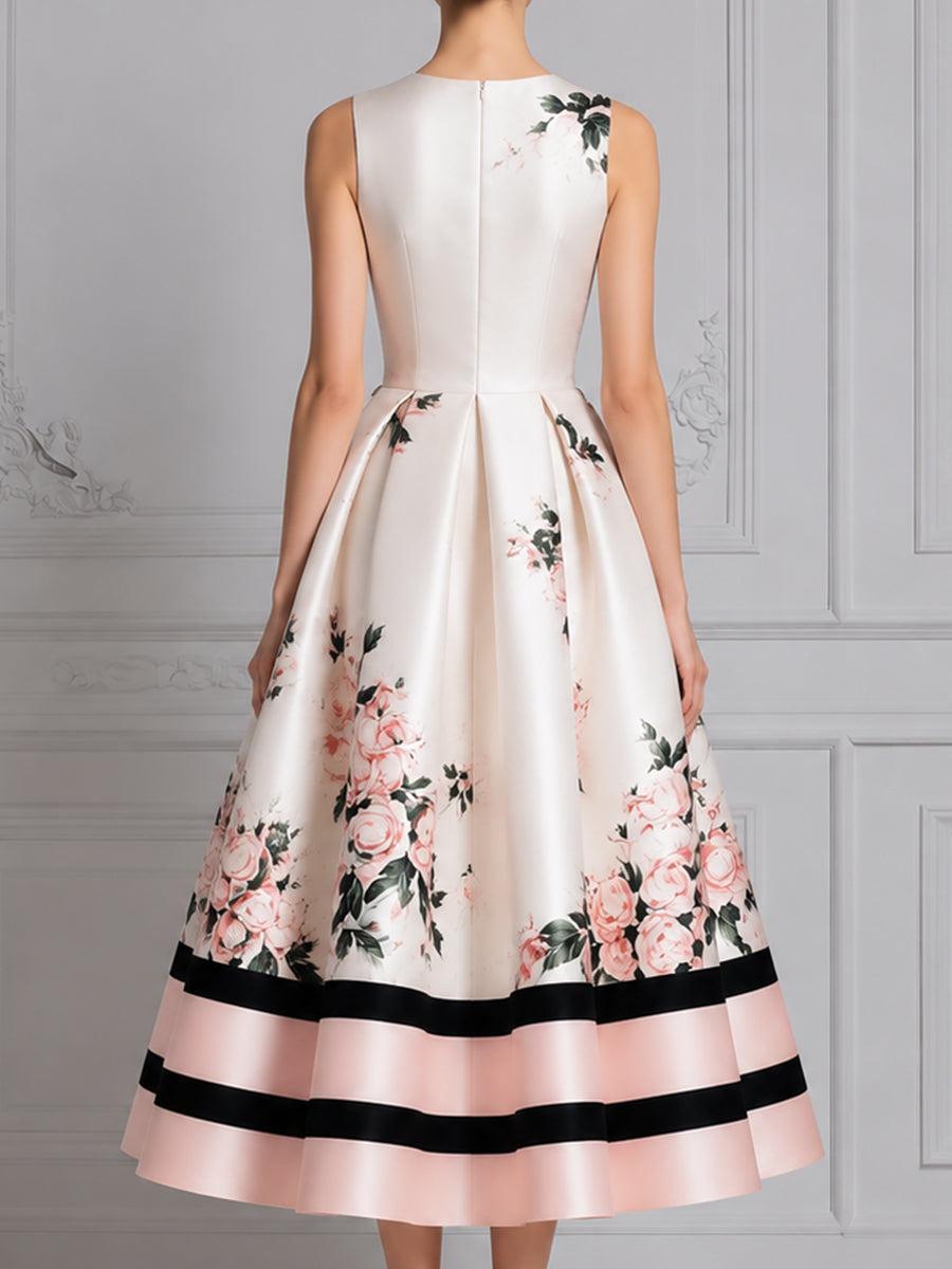 Sleeveless Round Neck Floral Print Pleated A-Line Midi Dress