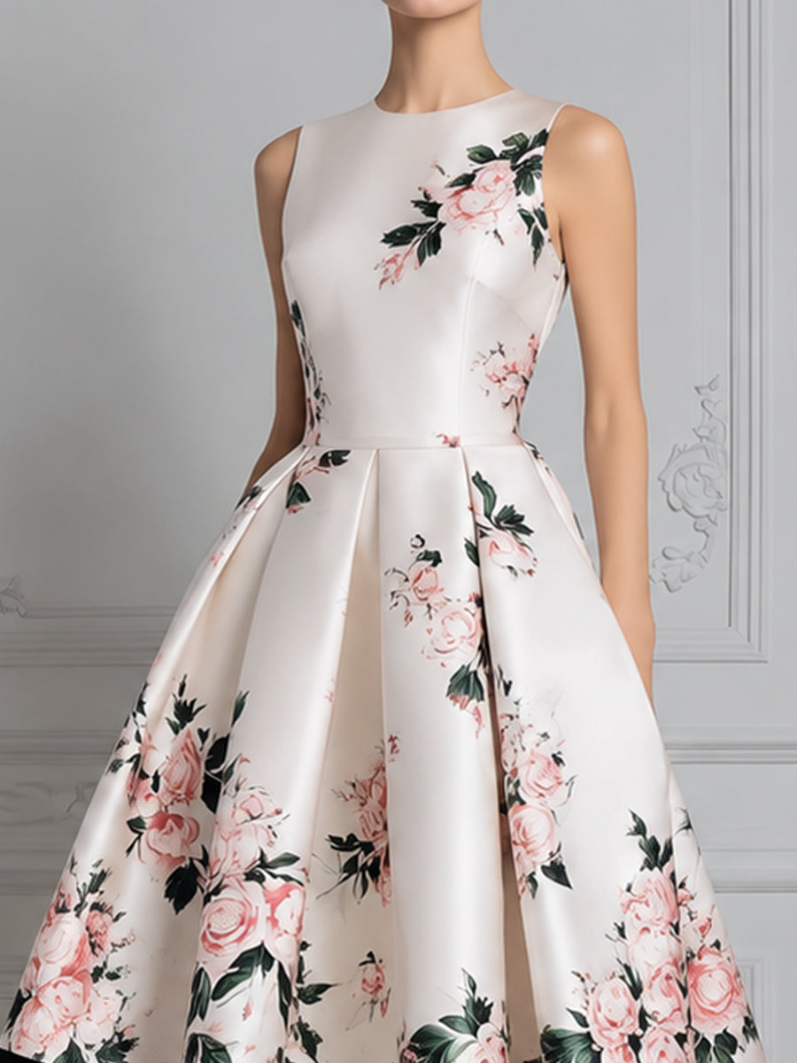 Sleeveless Round Neck Floral Print Pleated A-Line Midi Dress