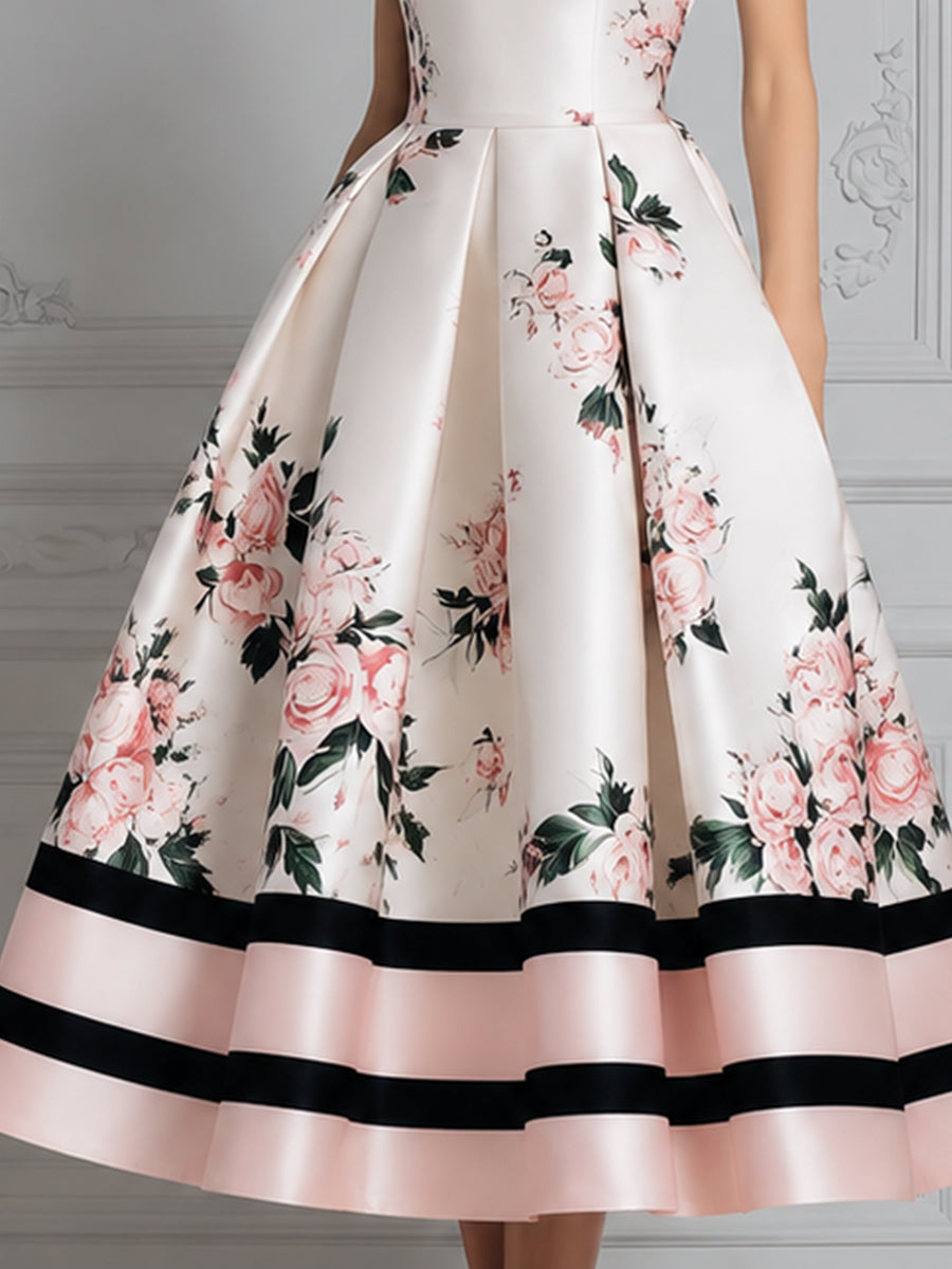 Sleeveless Round Neck Floral Print Pleated A-Line Midi Dress
