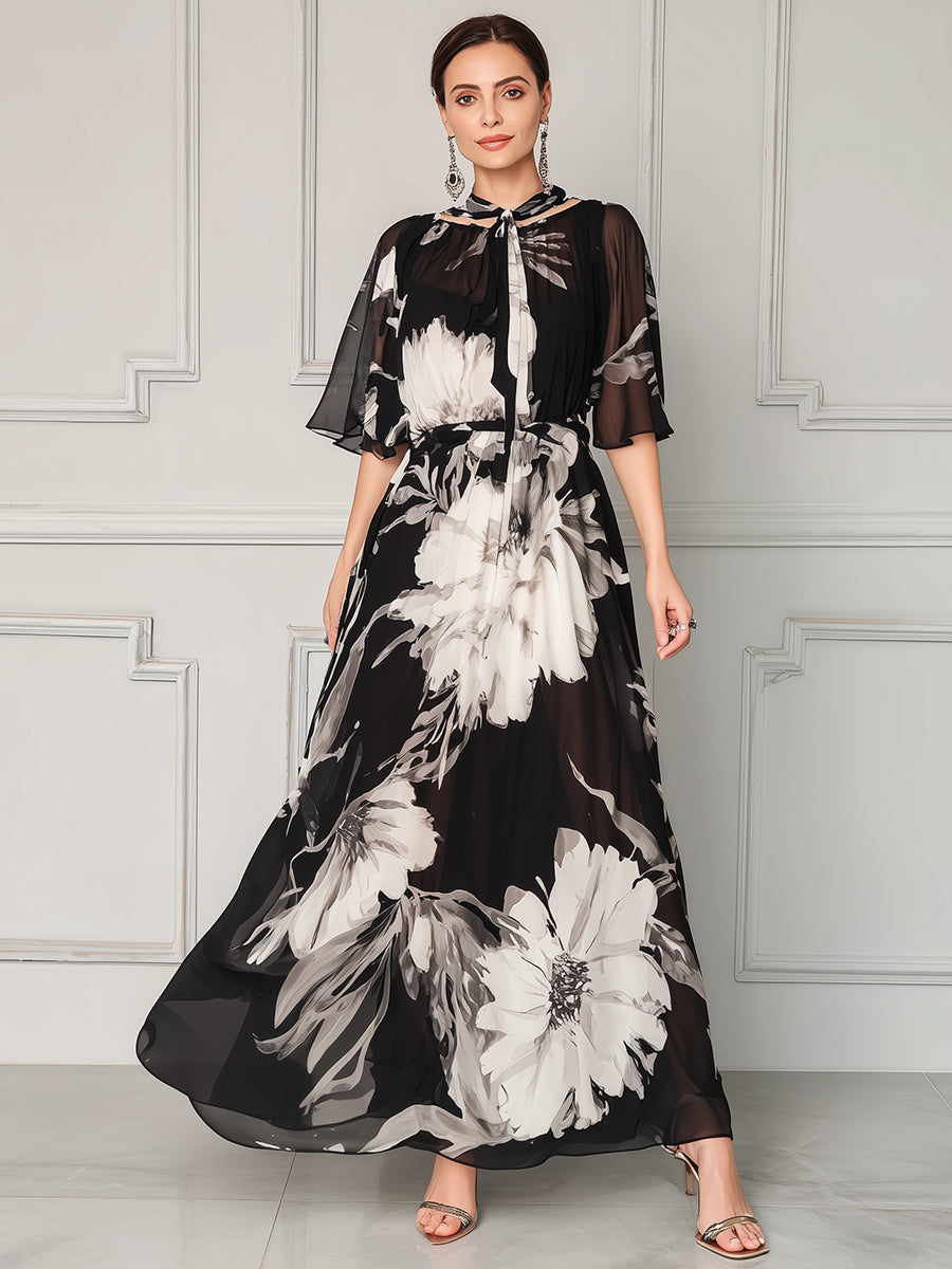 Tie-Neck Floral Chiffon Maxi Dress