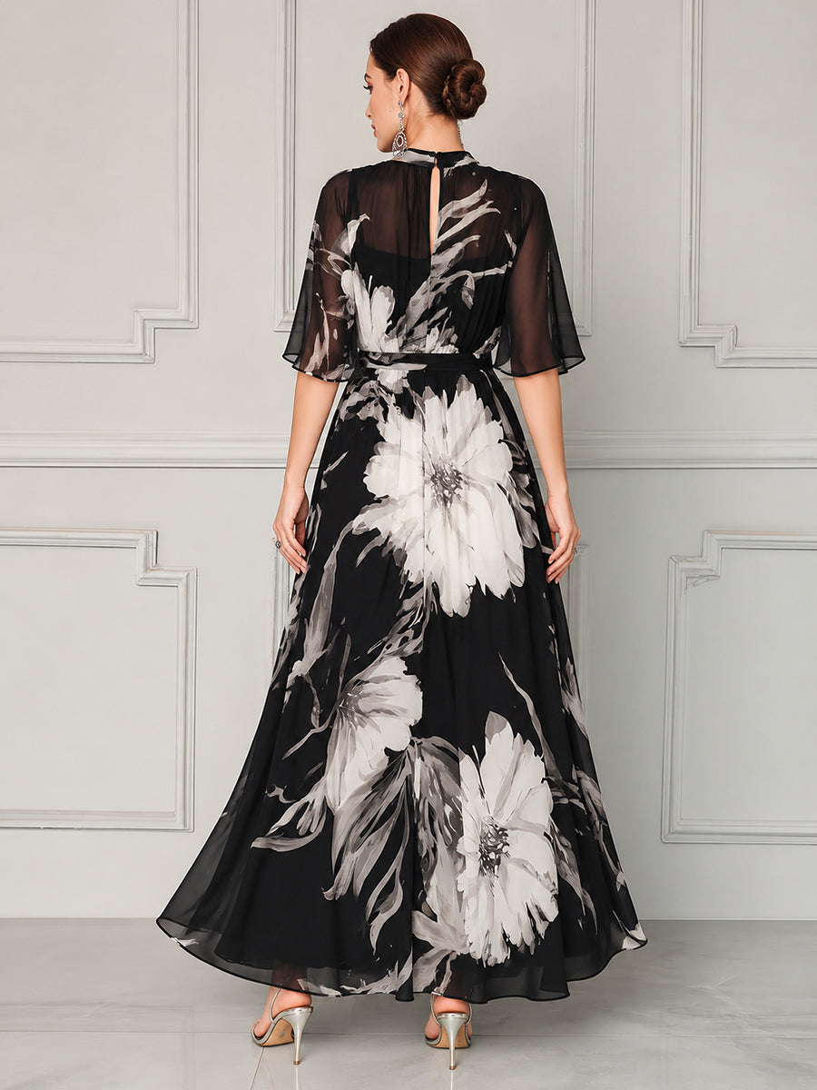 Tie-Neck Floral Chiffon Maxi Dress
