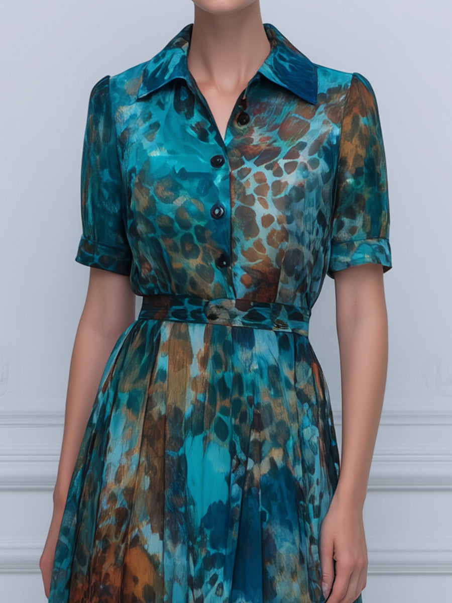 Printed Button-Front Short Sleeve Shirt Midi Dress With Pleated Skirt