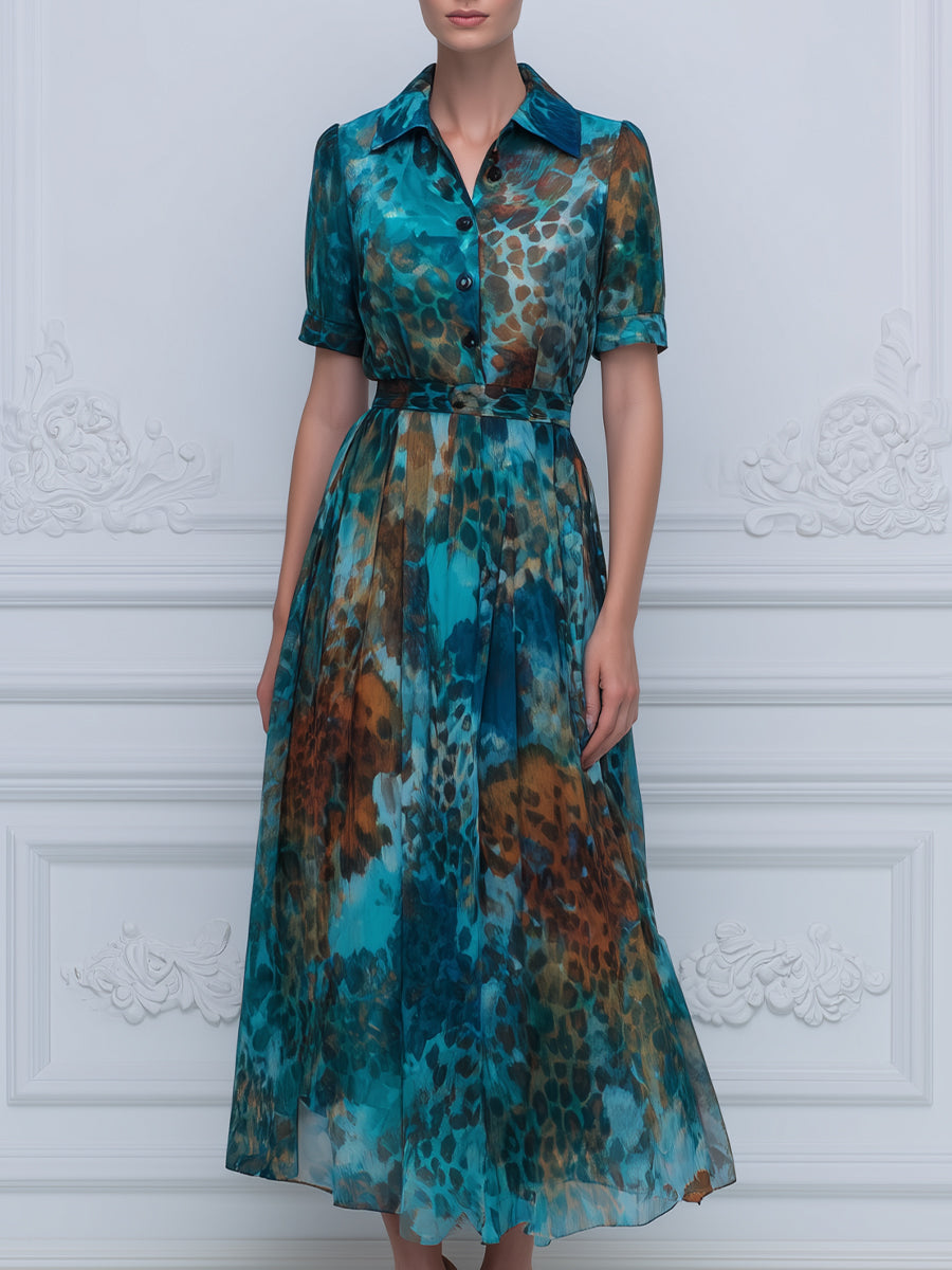 Printed Button-Front Short Sleeve Shirt Midi Dress With Pleated Skirt