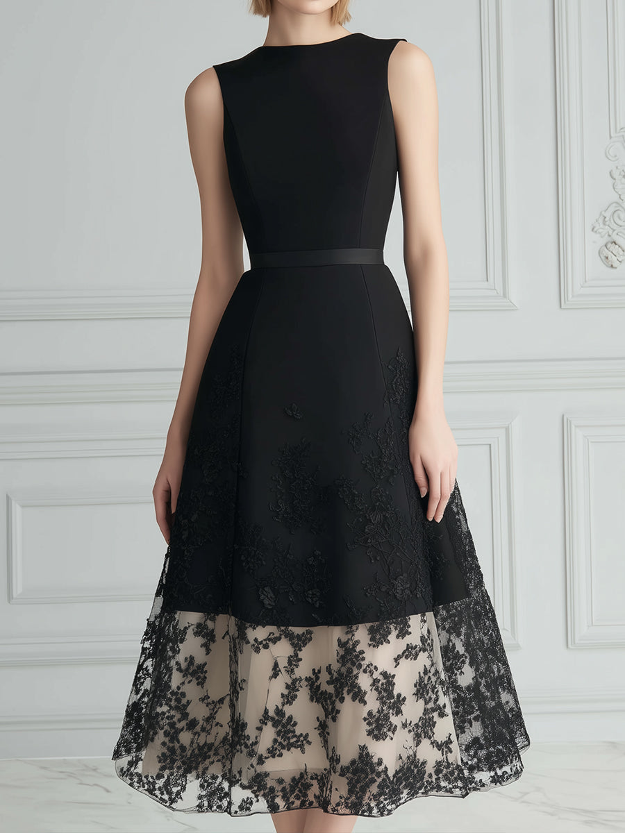 Sleeveless Structured A-Line Midi Dress With Sheer Lace Hem