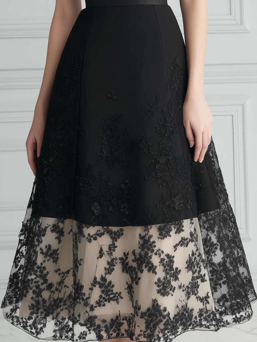 Sleeveless Structured A-Line Midi Dress With Sheer Lace Hem