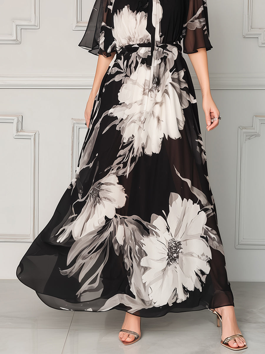 Tie-Neck Floral Chiffon Maxi Dress