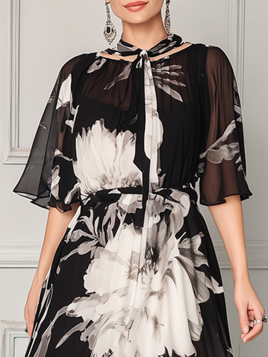 Tie-Neck Floral Chiffon Maxi Dress