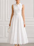Sleeveless Button-Front Shirt Midi Dress With Scalloped Cutwork Hem