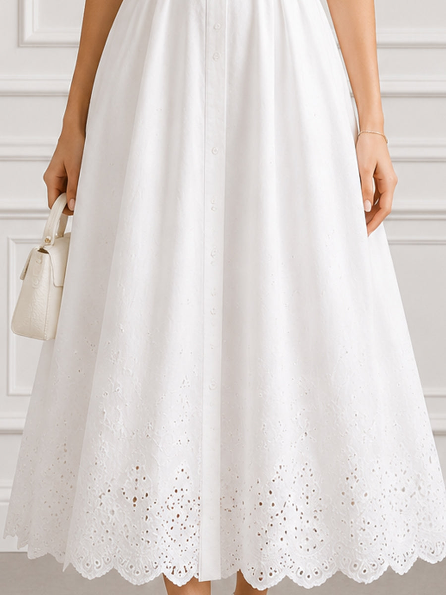Sleeveless Button-Front Shirt Midi Dress With Scalloped Cutwork Hem