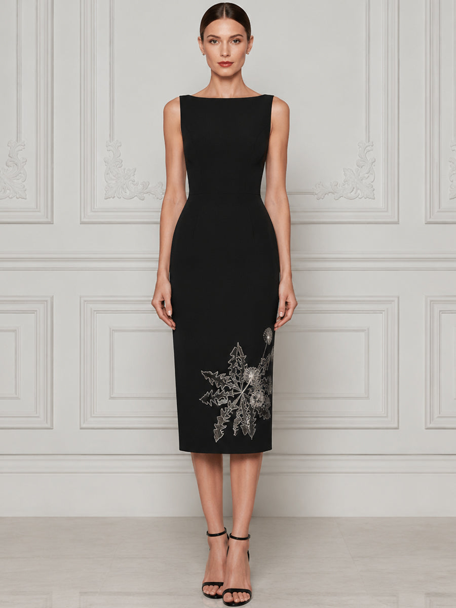 Sleeveless Boat Neck Embroidered Sheath Midi Dress
