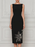 Sleeveless Boat Neck Embroidered Sheath Midi Dress