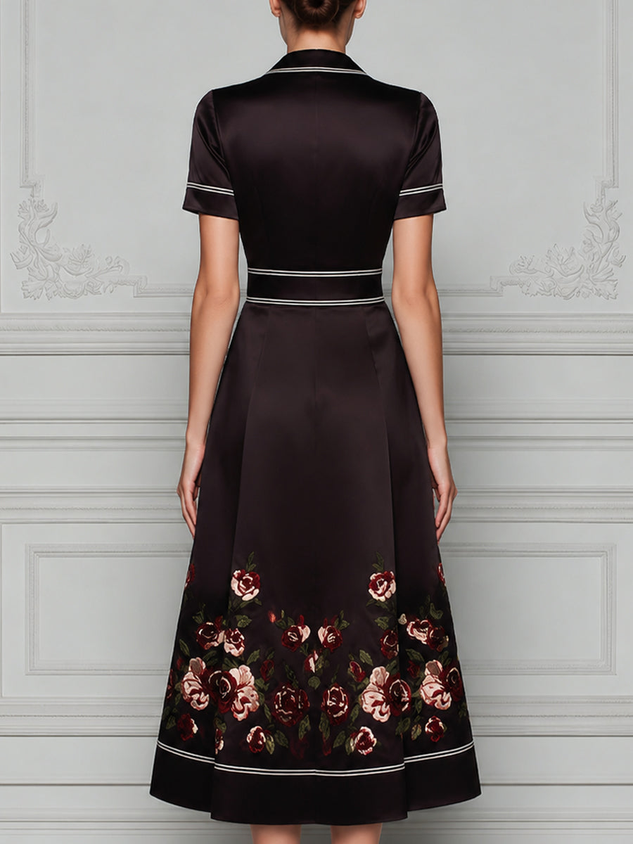 V-Neck Contrast Trim Floral Hem A-Line Midi Dress