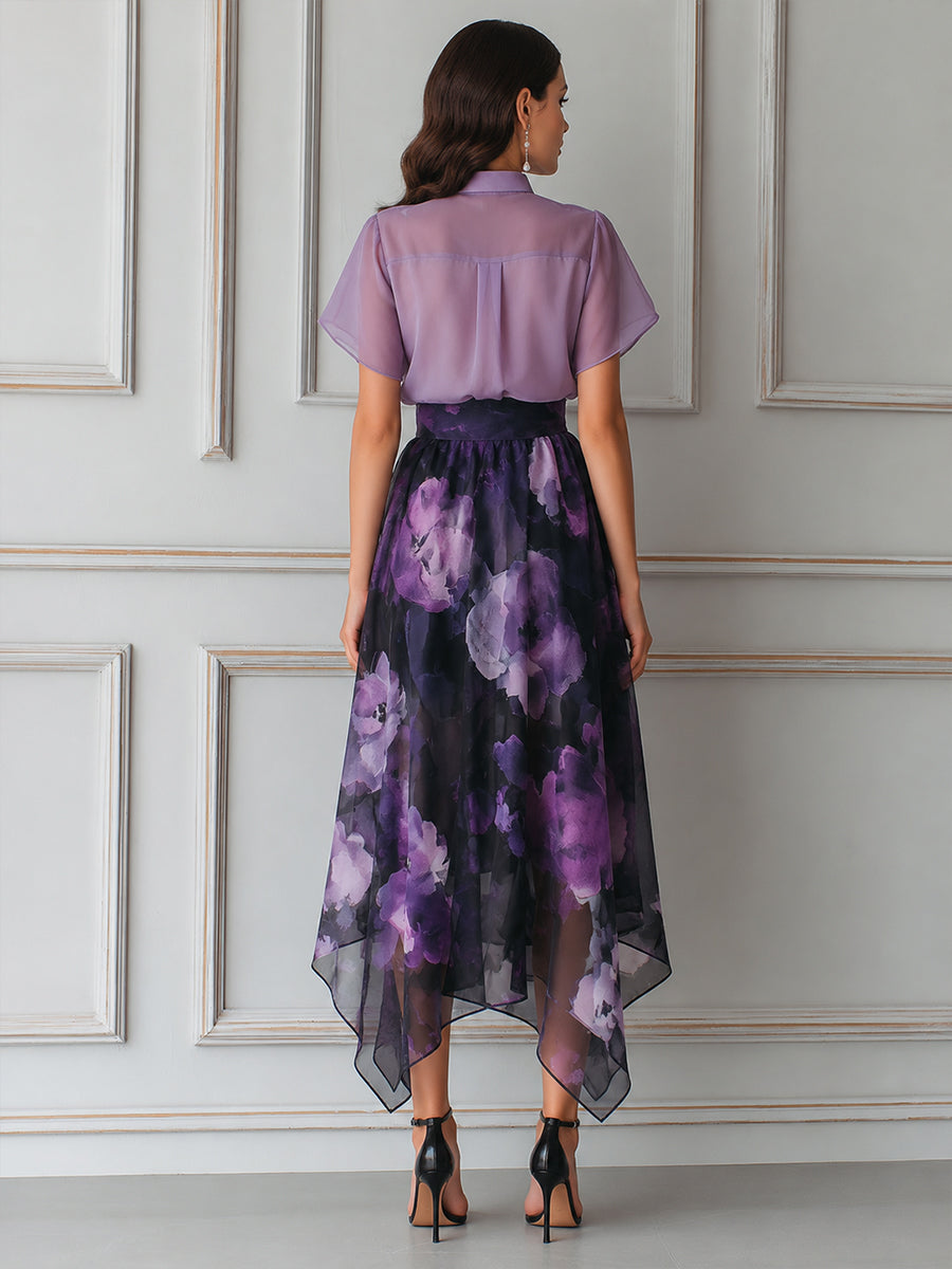 Mist Sheer Blouse And Asymmetrical Floral Organza Skirt Set