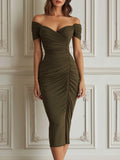 Elegant Olive Green Off-Shoulder Ruched Midi Dress