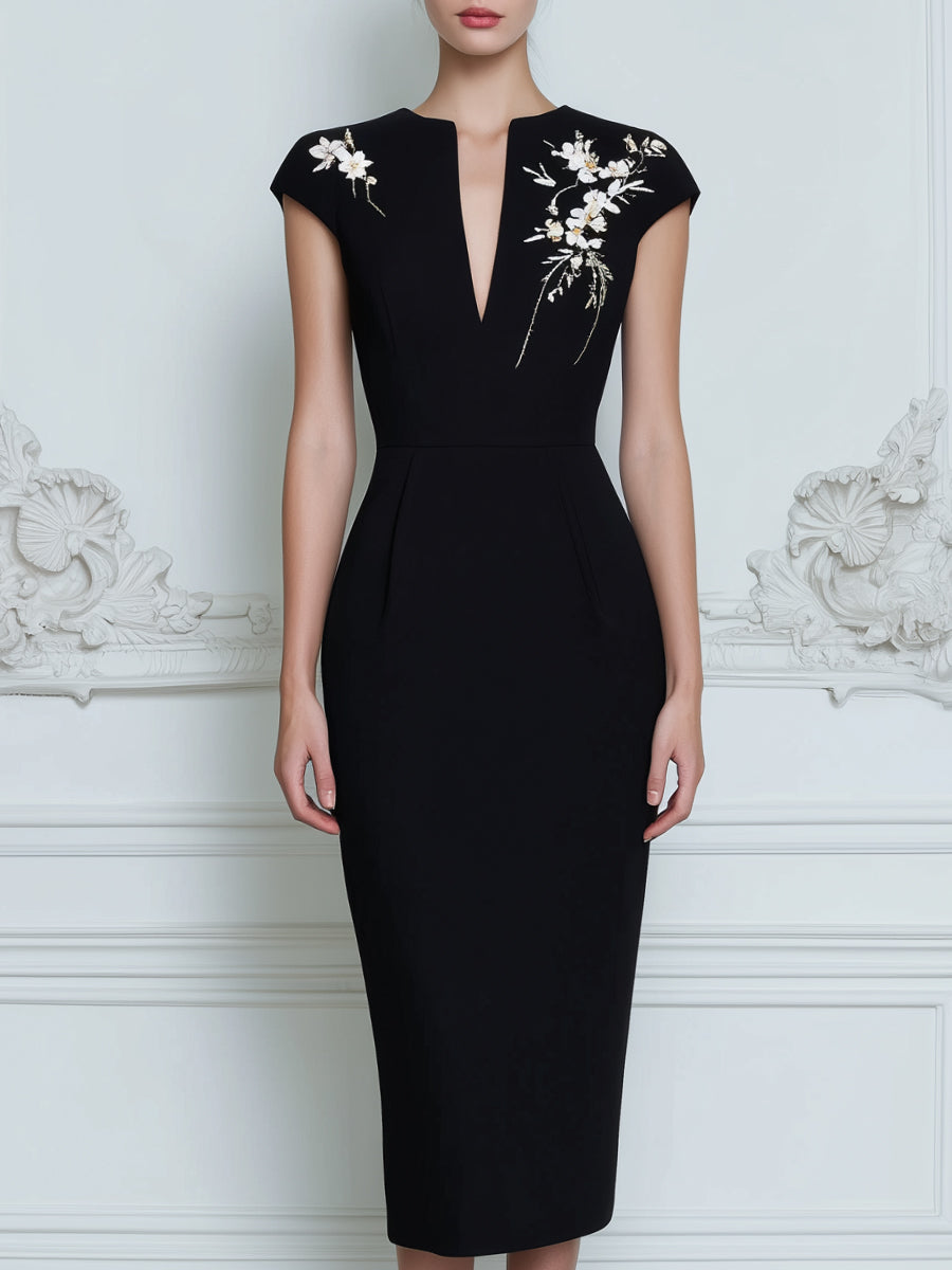Cap Sleeve V-Neck Embroidered Sheath Midi Dress