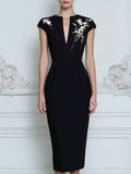 Cap Sleeve V-Neck Embroidered Sheath Midi Dress