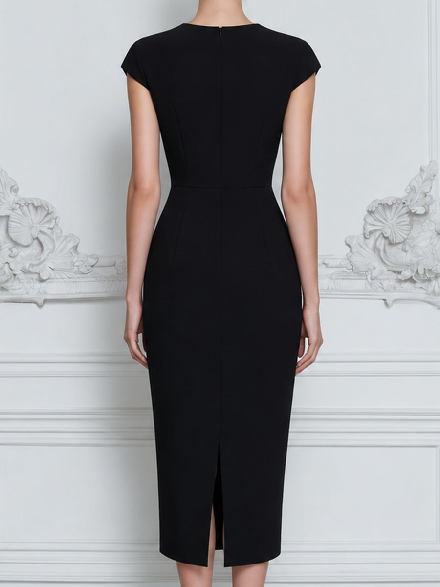 Cap Sleeve V-Neck Embroidered Sheath Midi Dress