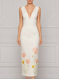 Sleeveless Deep V-Neck Floral Embroidered Sheath Midi Dress