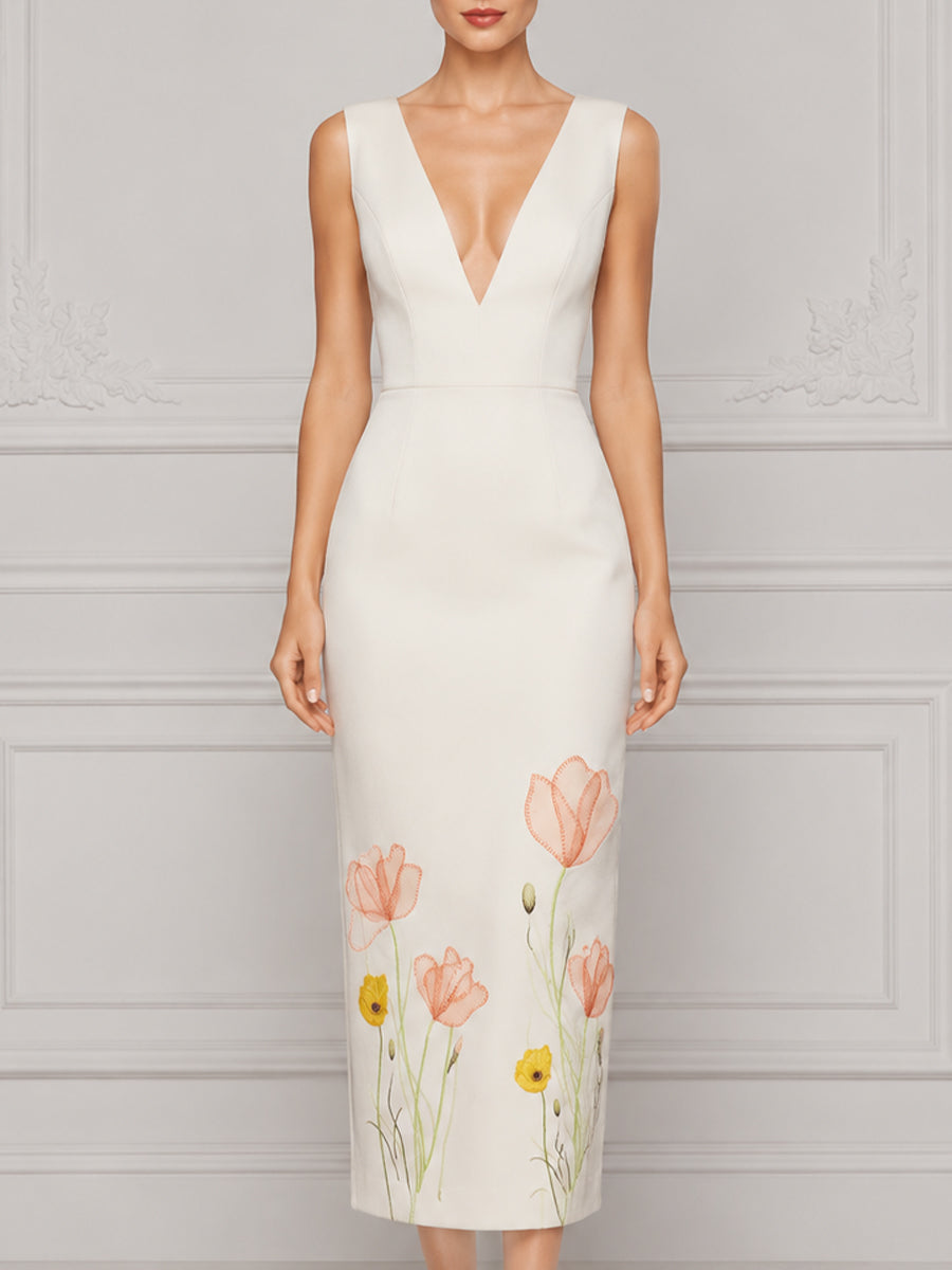 Sleeveless Deep V-Neck Floral Embroidered Sheath Midi Dress