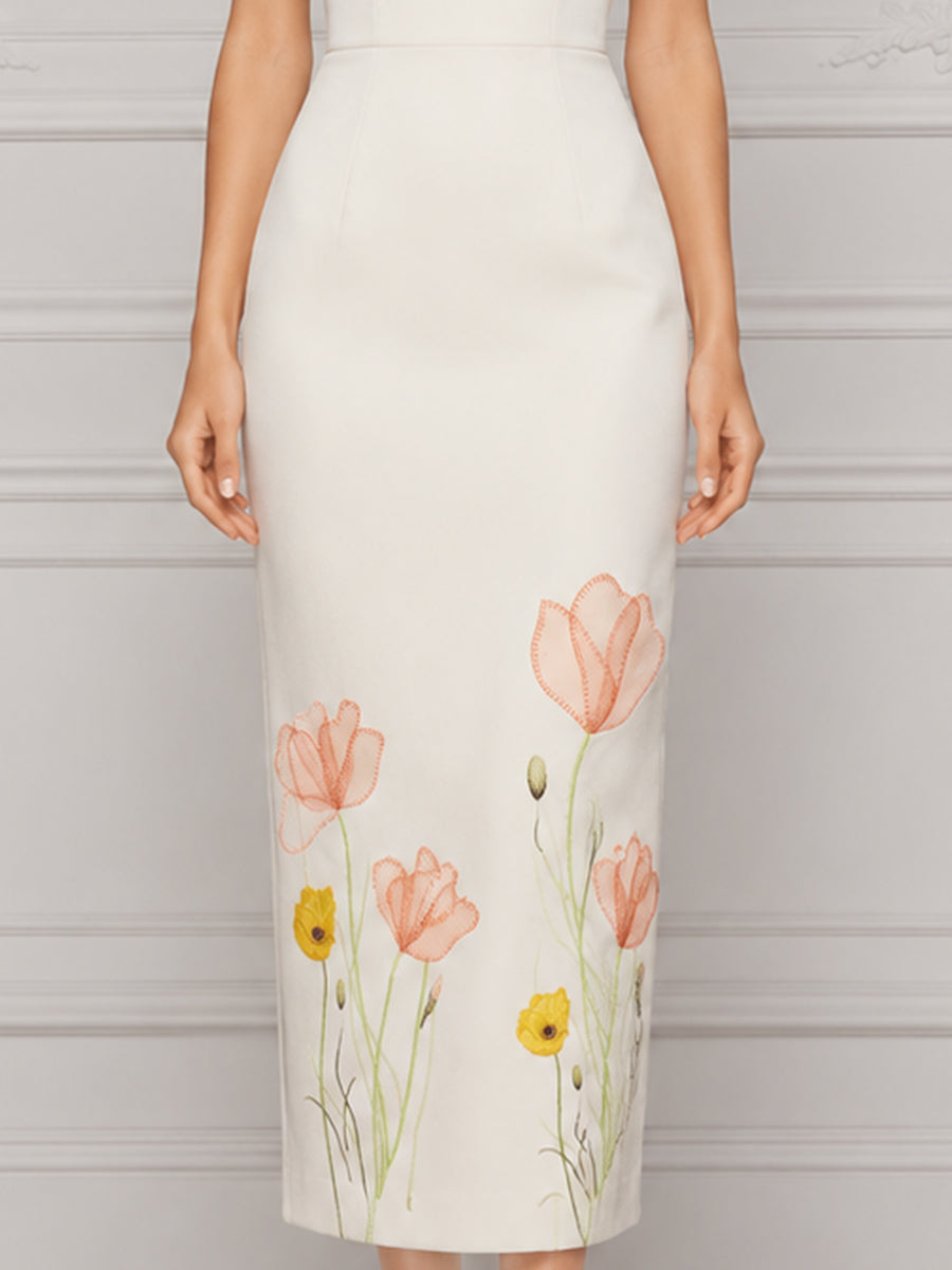 Sleeveless Deep V-Neck Floral Embroidered Sheath Midi Dress